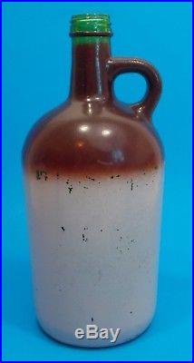 Vintage Brown Top Jug Green Glass Bottle With Handle 8-1/2 Tall (b)