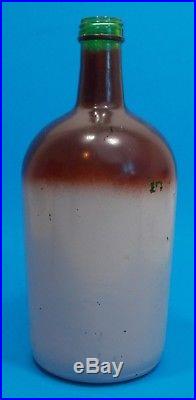 Vintage Brown Top Jug Green Glass Bottle With Handle 8-1/2 Tall (b)