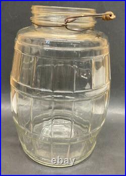 Vintage Clear Panel Glass Pickle Egg Barrel Jar Canister Wood Handle 13 x 7