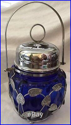 Vintage Cobalt Blue Glass & Silver Cover Sugar Jar And Comfort Handle