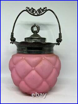 Vintage Consolidated Glass Co. Pink Diamond Quilted Satin Handled Biscuit Jar