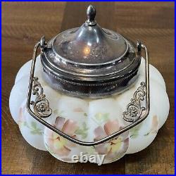 Vintage Consolidated Hand Painted Floral Biscuit Jar Fancy Metal Handle And Lid