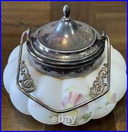 Vintage Consolidated Hand Painted Floral Biscuit Jar Fancy Metal Handle And Lid