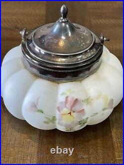 Vintage Consolidated Hand Painted Floral Biscuit Jar Fancy Metal Handle And Lid