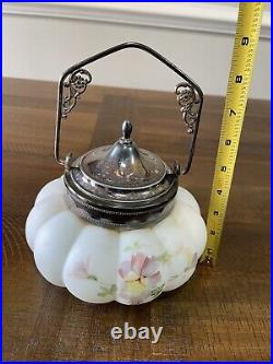 Vintage Consolidated Hand Painted Floral Biscuit Jar Fancy Metal Handle And Lid