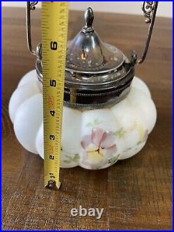 Vintage Consolidated Hand Painted Floral Biscuit Jar Fancy Metal Handle And Lid