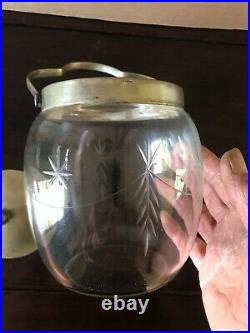 Vintage Cut Glass Biscuit Barrel Jar With Silverplate Handle & Rim & Lid