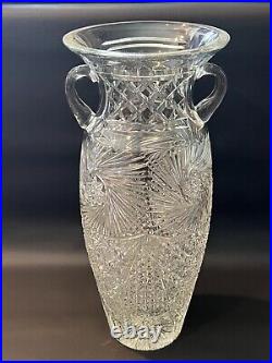 Vintage Cut Glass Large Urn Vase withHandles, 15 1/4 Tall, 7 Widest