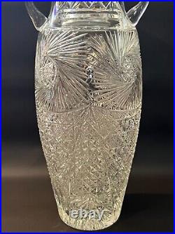 Vintage Cut Glass Large Urn Vase withHandles, 15 1/4 Tall, 7 Widest