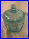 Vintage Decorated Art Glass TEAL BLUE Glass 7 Tall CANDY JAR With 2 Handles & Lid