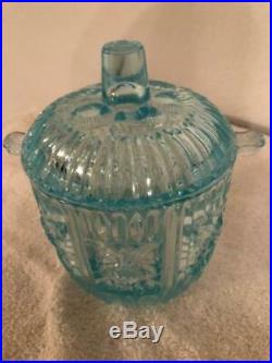 Vintage Decorated Art Glass TEAL BLUE Glass 7 Tall CANDY JAR With 2 Handles & Lid
