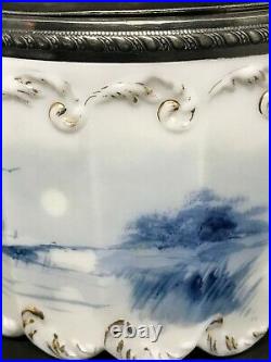 Vintage Delft Opaque Milk Glass Biscuit Jar With Handle & Lid-Landscape Scene