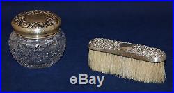 Vintage Dresser Jar withClothing Brush Sterling Silver Lid & Handle Cut Glass Jar