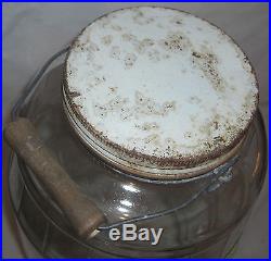 Vintage Duraglas 2.5 Gallon Barrel Shaped Glass Pickle Jar Lid & Wood Handle Old