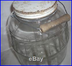 Vintage Duraglas 2.5 Gallon Barrel Shaped Glass Pickle Jar Lid & Wood Handle Old