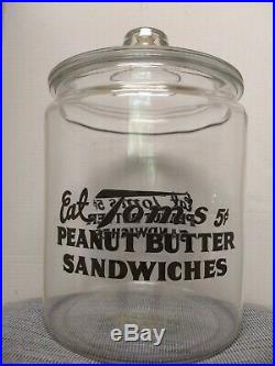 Vintage Eat Tom's Peanut Butter Sandwiches Large Glass Jar with Handle Lid