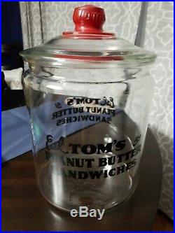 Vintage Eat Tom's Peanut Butter Sandwiches Large Glass Jar with Red Handle Lid