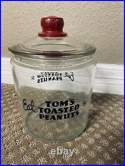 Vintage Eat Tom's Toasted Peanuts 5¢ Glass Jar withLid & Tom's Embossed on Handle