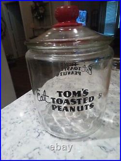 Vintage Eat Tom's Toasted Peanuts 5¢ Glass Jar withLid & Tom's Embossed on Handle