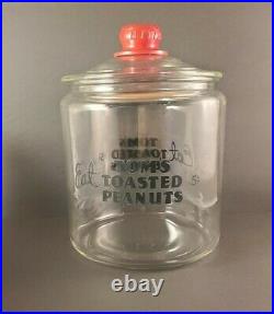 Vintage Eat Tom's Toasted Peanuts 5¢ Glass Jar with Red Embossed Handle 10