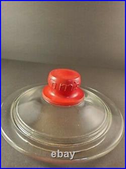 Vintage Eat Tom's Toasted Peanuts 5¢ Glass Jar with Red Embossed Handle 10