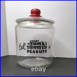 Vintage Eat Tom's Toasted Peanuts 5c Glass Jar withLid & Tom's Embossed on Handle