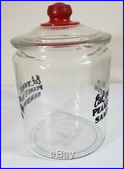 Vintage Eat Toms Peanut Butter Sandwiches Large Glass Jar 5 cents Red Handle Lid
