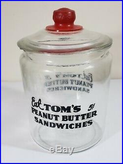 Vintage Eat Toms Peanut Butter Sandwiches Large Glass Jar 5 cents Red Handle Lid