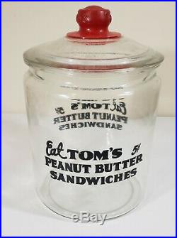 Vintage Eat Toms Peanut Butter Sandwiches Large Glass Jar Red Handle Lid 5 cents