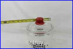 Vintage Eat Toms Toasted Peanuts 5 Cents Glass Jar Embossed Handle & Lid Black