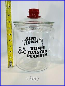 Vintage Eat Toms Toasted Peanuts $. 5 Glass Jar withLid & Toms Embossed Handle