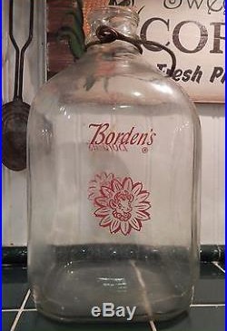 Vintage Elsie Cow Dairy Bordens Gallon Glass Milk Bottle Jar Jug Metal Handle