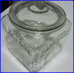 Vintage Embossed PLANTERS Square Glass Peanut, Cookie, Jar with PEANUT HANDLE LID