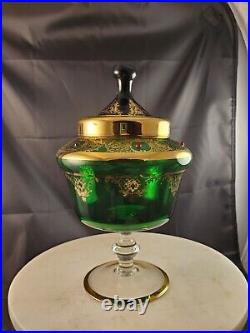 Vintage Empoli Glass Green Gold Lidded Jar Italy Italian Murano