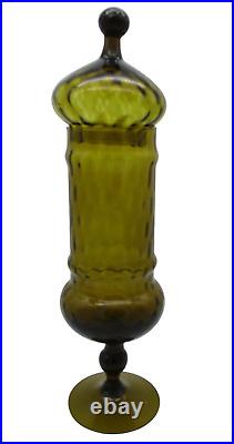 Vintage Empoli Italian Art Glass Avocado Green Optic Apothecary Jar