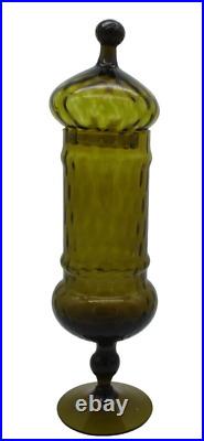 Vintage Empoli Italian Art Glass Avocado Green Optic Apothecary Jar