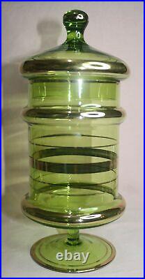 Vintage Empoli Italian Art Glass Pedestaled Apothacary Jar With LID Green/gold