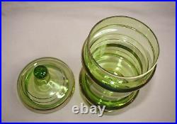 Vintage Empoli Italian Art Glass Pedestaled Apothacary Jar With LID Green/gold