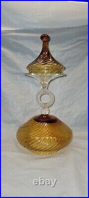 Vintage Empoli Italian amber Art Glass Ringed Stem Apothecary Compote 13 in 4192