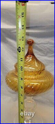Vintage Empoli Italian amber Art Glass Ringed Stem Apothecary Compote 13 in 4192