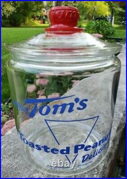 Vintage Enjoy Toms Delicious Toasted Peanuts Large Glass Jar Red Handle Lid