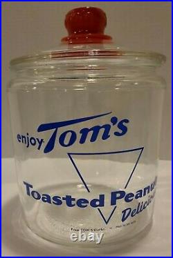 Vintage Enjoy Toms Toasted Peanuts Delicious Blue Graphics Glass Jar Red Handle