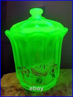 Vintage FENTON vaseline carnival glass hand painted lemon signed 2 pc lidded jar