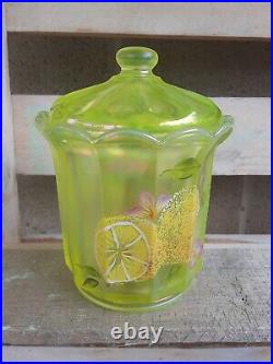 Vintage FENTON vaseline carnival glass hand painted lemon signed 2 pc lidded jar