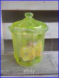 Vintage FENTON vaseline carnival glass hand painted lemon signed 2 pc lidded jar