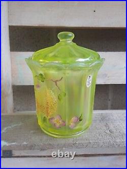 Vintage FENTON vaseline carnival glass hand painted lemon signed 2 pc lidded jar