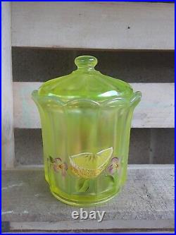 Vintage FENTON vaseline carnival glass hand painted lemon signed 2 pc lidded jar