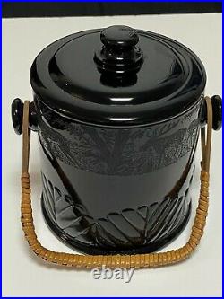 Vintage Fenton Glass Cookie / Biscuit Jar Etched Moose Design Wicker Handle