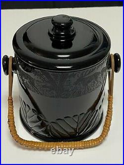 Vintage Fenton Glass Cookie / Biscuit Jar Etched Moose Design Wicker Handle