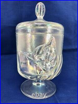 Vintage Fenton Iridized Crystal Chessie Kitten Cat Candy Jar Dish Box Opalescent